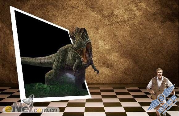 Photoshop合成恐龙穿过相框<a href=http://www.syue.com/Hacker/Case/ target=_blank class=infotextkey>入侵</a>的效果