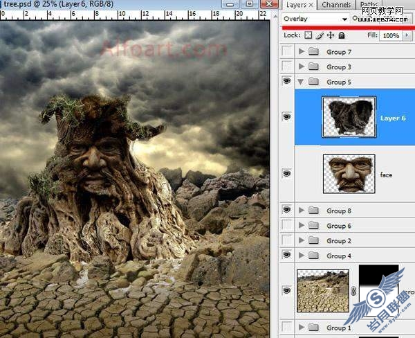 Photoshop合成制作阴森恐怖的人面树