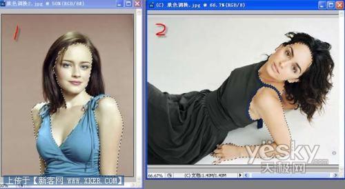 图为:Photoshop 魔术棒取出原图和素材的皮肤部分