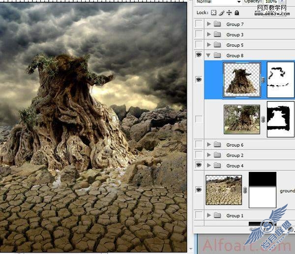 Photoshop合成制作阴森恐怖的人面树