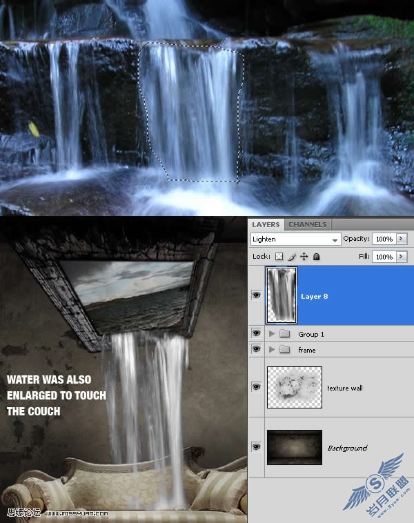 photoshop创意合成教程:室内的瀑布