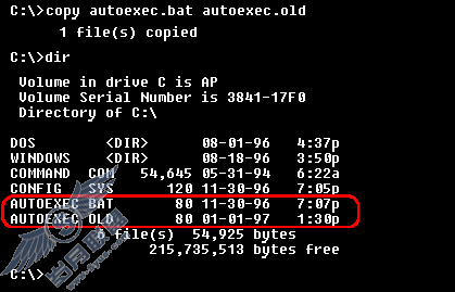 命令:copy autoexec.bat后,dir当前目录