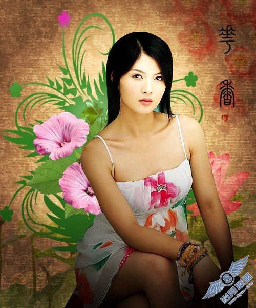 Photoshop用素材组合古典美女照片