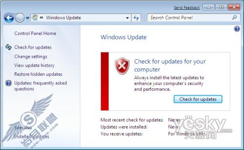图为:安装后的Windows 7还未曾更新过