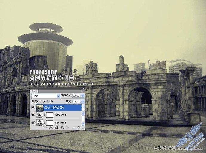 photoshop调色:古老色调商业街