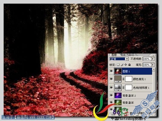 Photoshop打造暗红森林梦幻风景效果