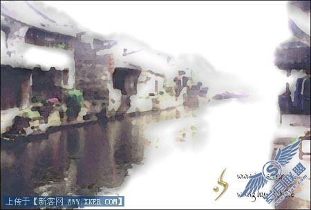 Photoshop把江南水乡变淡彩水墨画