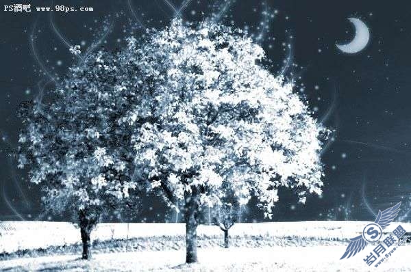 Photoshop将秋天照片制作成冬夜雪景_