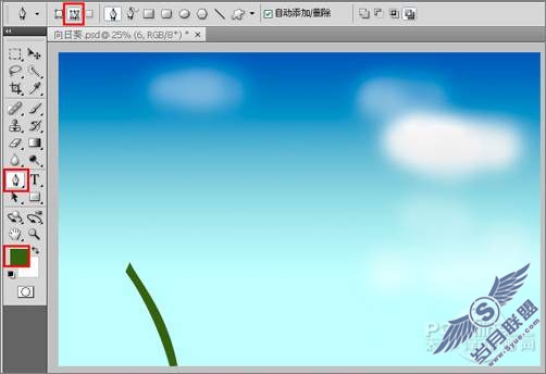 Photoshop教程: 鼠绘蓝天白云下的向日葵