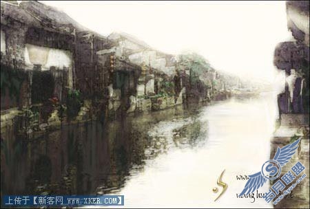 Photoshop把江南水乡变淡彩水墨画