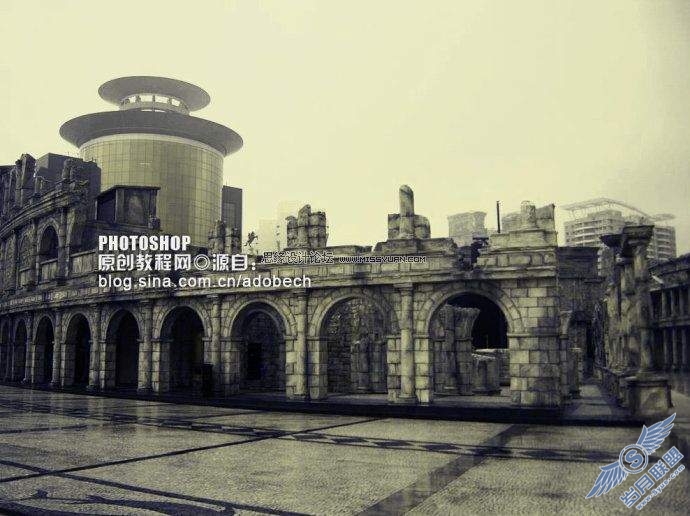 photoshop调色:古老色调商业街
