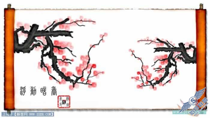 Photoshop手绘教程:绘制水墨梅花入卷轴效果