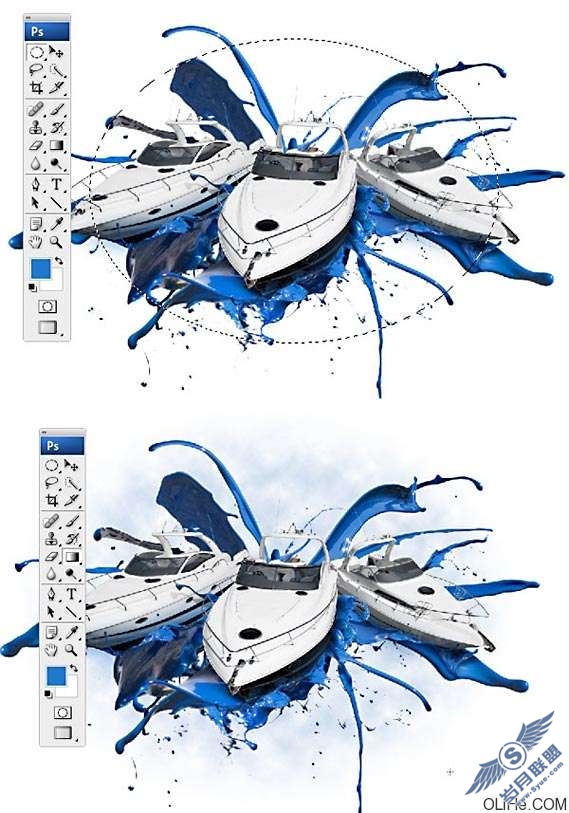 Photoshop制作蓝色油漆上的游艇【图】_