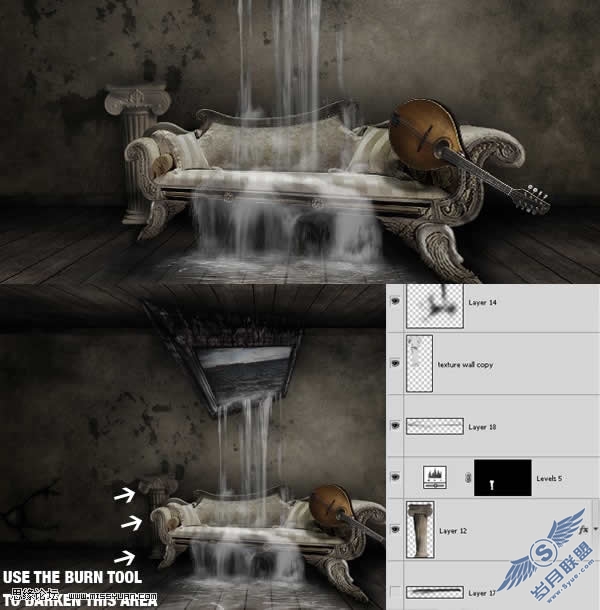 photoshop创意合成教程:室内的瀑布
