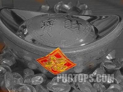 Photoshop把黑白元宝调成金烂富贵色
