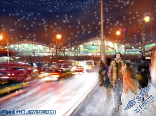 Photoshop结合友基数位板手绘白雪夜街景_天极设计在线整理