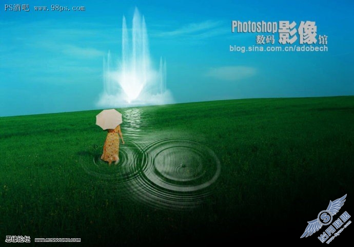 photoshop调色之唯美的水中蓝天绿地