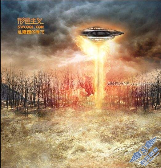 photoshop合成外星球飞碟袭击森林的创意