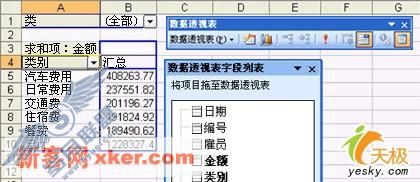 包含按“金额”排序的类别的数据透视表